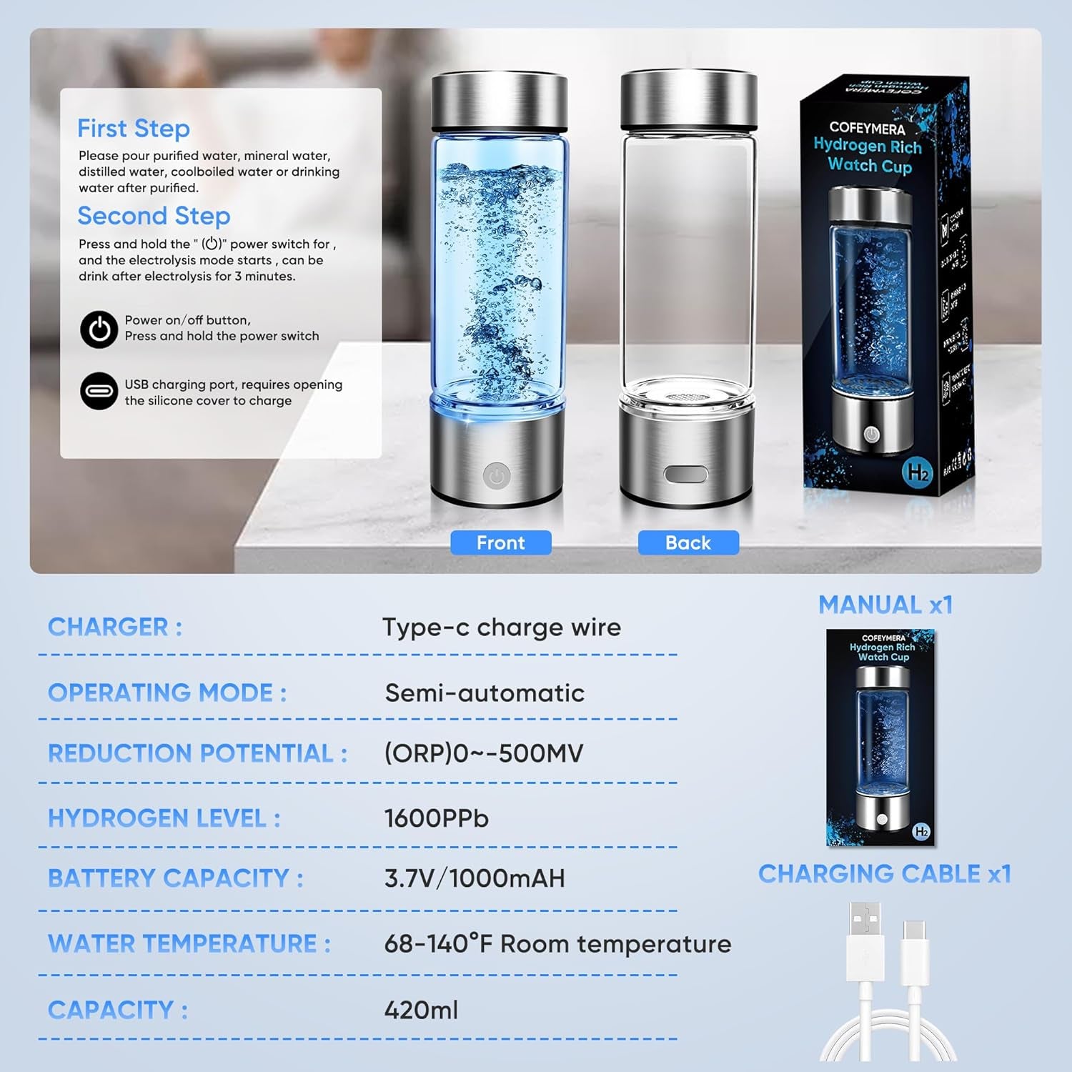 Upgraded Hydrogen Water Bottle, Hydrogen Water Machine -SPE & PEM, Portable Rechargeable Aquahealth Hydrogen Water Bottle Generator, Portable Hydrogen Water Improve Water Quality in 3 Minutes(Silver)