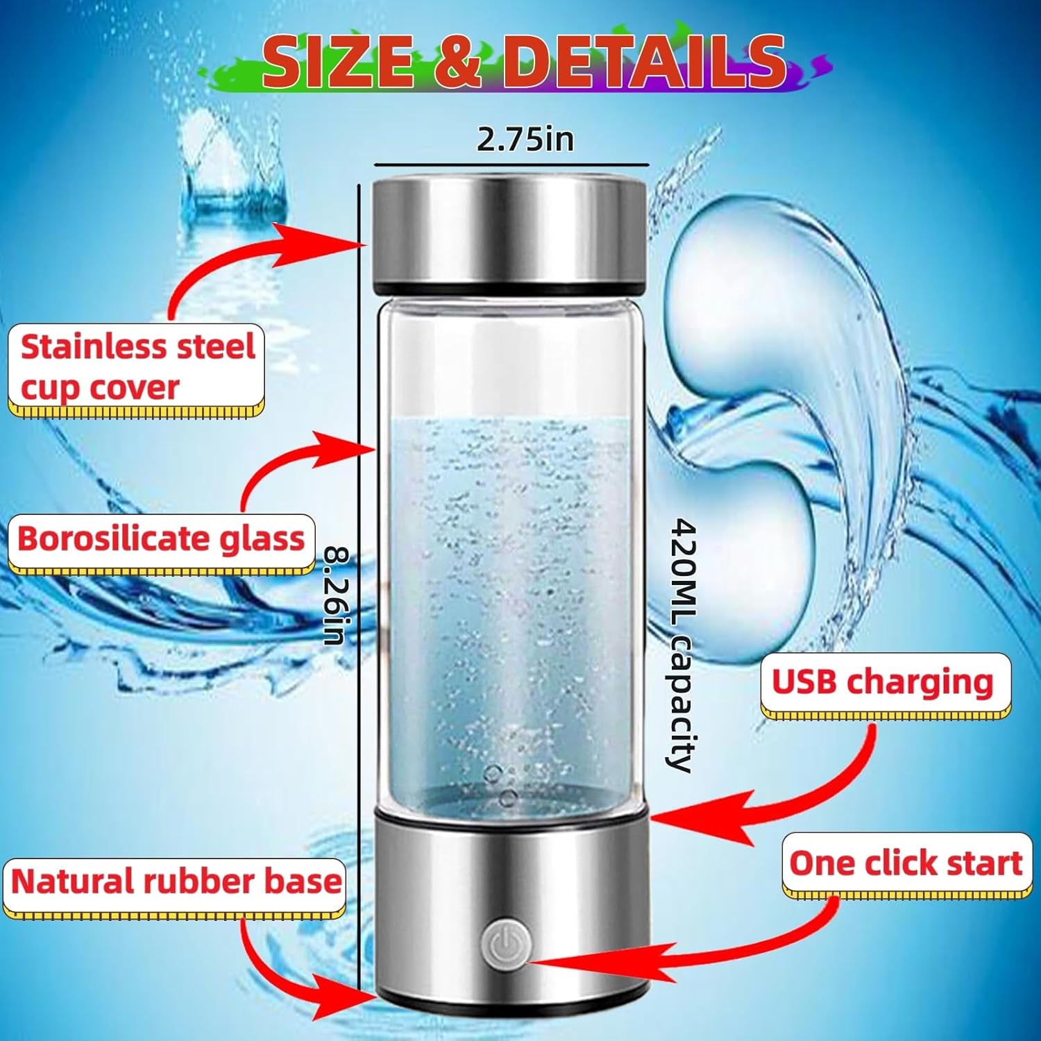 Hydrogen Water Bottle Generator, Portable Hydrogen Water Ionizer Machine Rechargeable,Hydrogen Rich Water Glass Health Cup for Travel 420Ml Gift for Friends/Women/Men/Mom/Father/Grandpa/Grandma