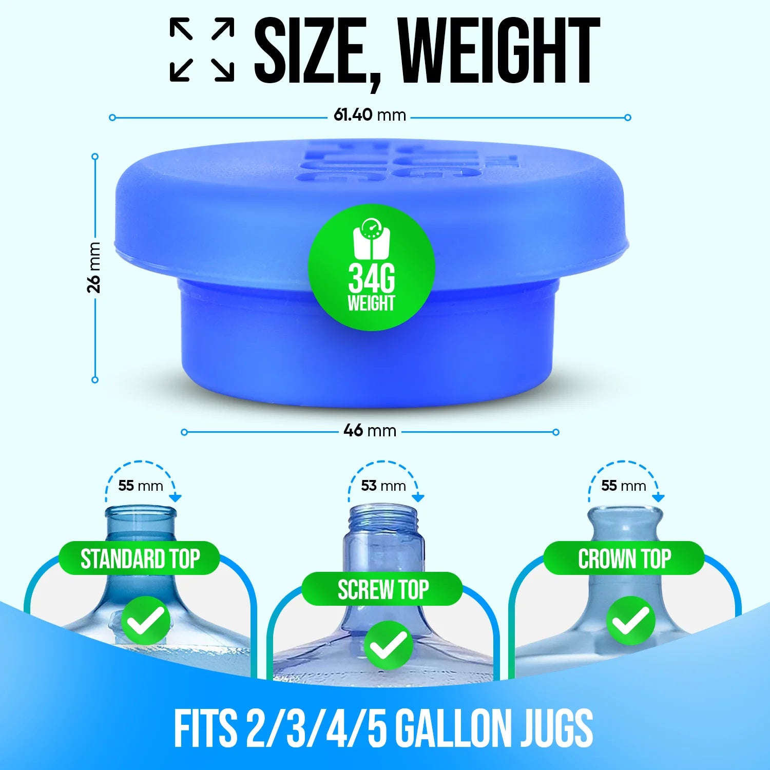 - 5 Gallon Water Jug Reusable Replacement Cap - Silicone No Spill Top Lid Cover Fits 55Mm Bottles - Pack of 3