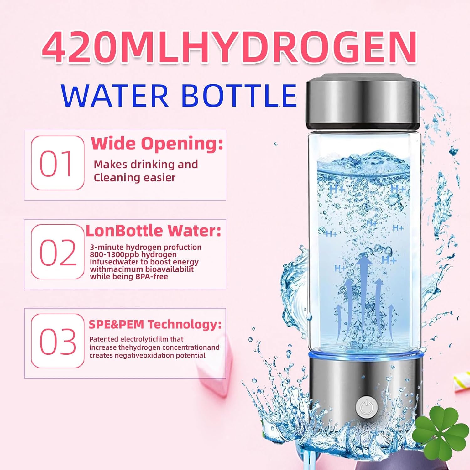 Hydrogen Water Bottle Generator, Portable Hydrogen Water Ionizer Machine Rechargeable,Hydrogen Rich Water Glass Health Cup for Travel 420Ml Gift for Friends/Women/Men/Mom/Father/Grandpa/Grandma