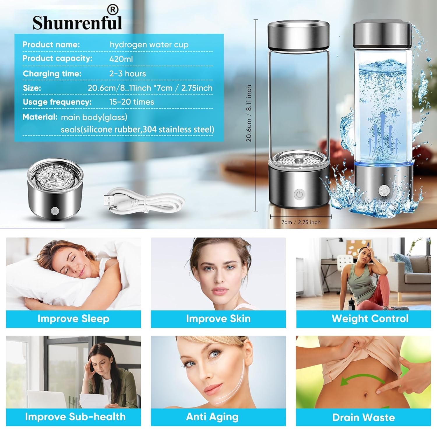 Hydrogen Water Bottle Generator, Portable Hydrogen Water Ionizer Machine Rechargeable,Hydrogen Rich Water Glass Health Cup for Travel 420Ml Gift for Friends/Women/Men/Mom/Father/Grandpa/Grandma