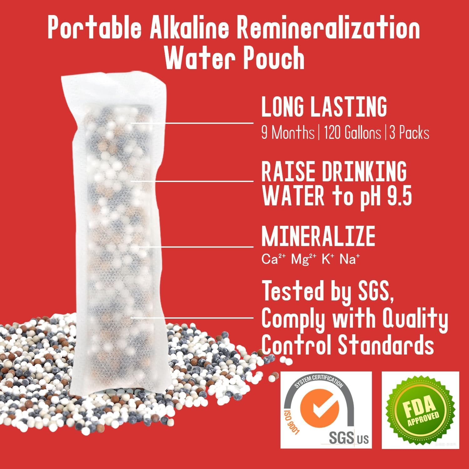 Alkaenergy 3-Pack Alkaline Water Filter Pouches|Ph 9.5, Boosts Water Ph, Adds Essential Minerals for Hydration & Wellness| for Bottles & Jugs (50G/Pack)