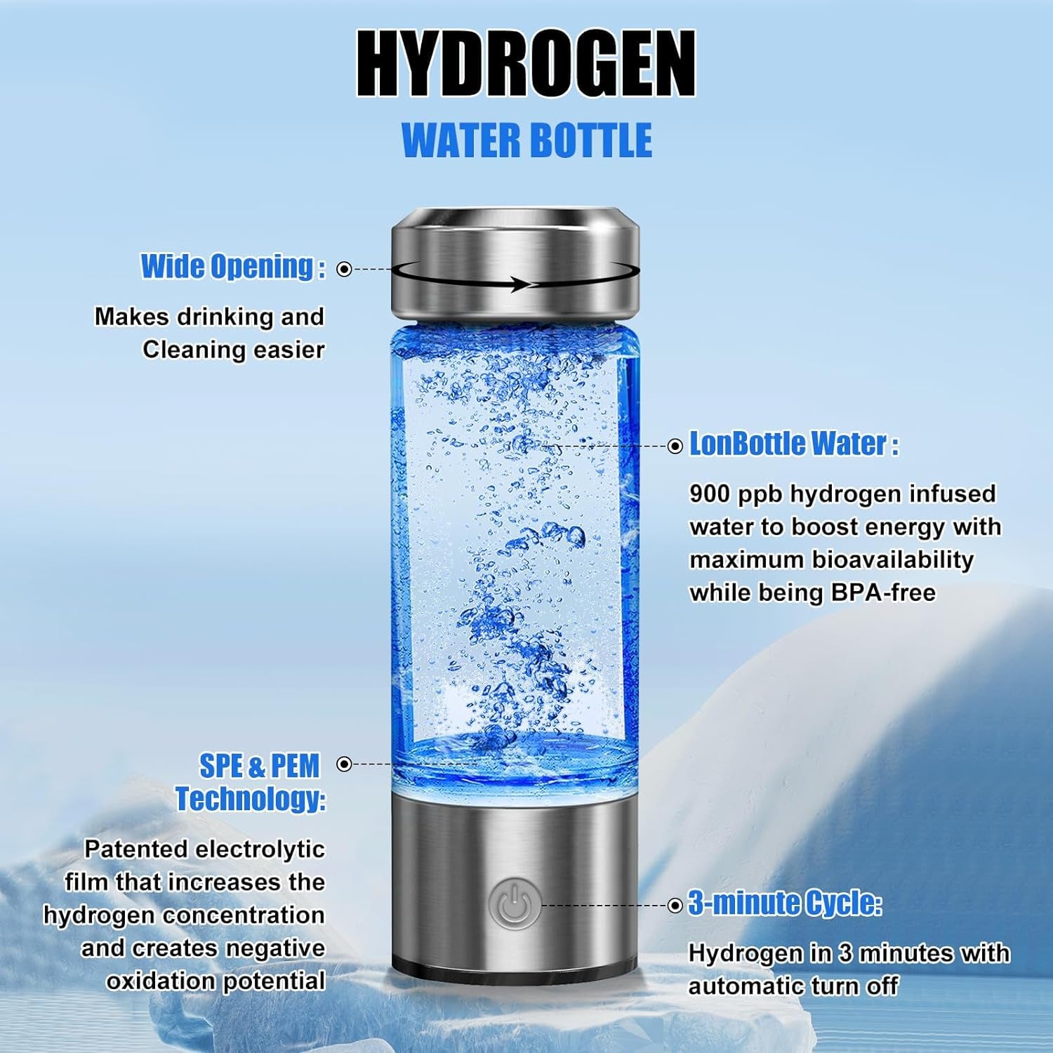 Hydrogen Water Bottle, Hydrogen Rich Water Generator, Rechargeable Portable Glass Hydrogen Water Ionizer Machine with SPE and PEM Technology, for Daily Office Home Travel and Fitness Drinking