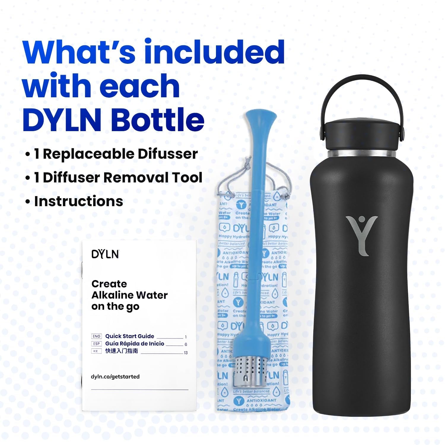 DYLN Hydrogen Water Bottle | Create Hydrating Alkaline Hydrogen-Rich Water up to 9 Ph | Vacuum Insulated Stainless Steel Water Bottle | Keeps Water Cold for 24 Hours