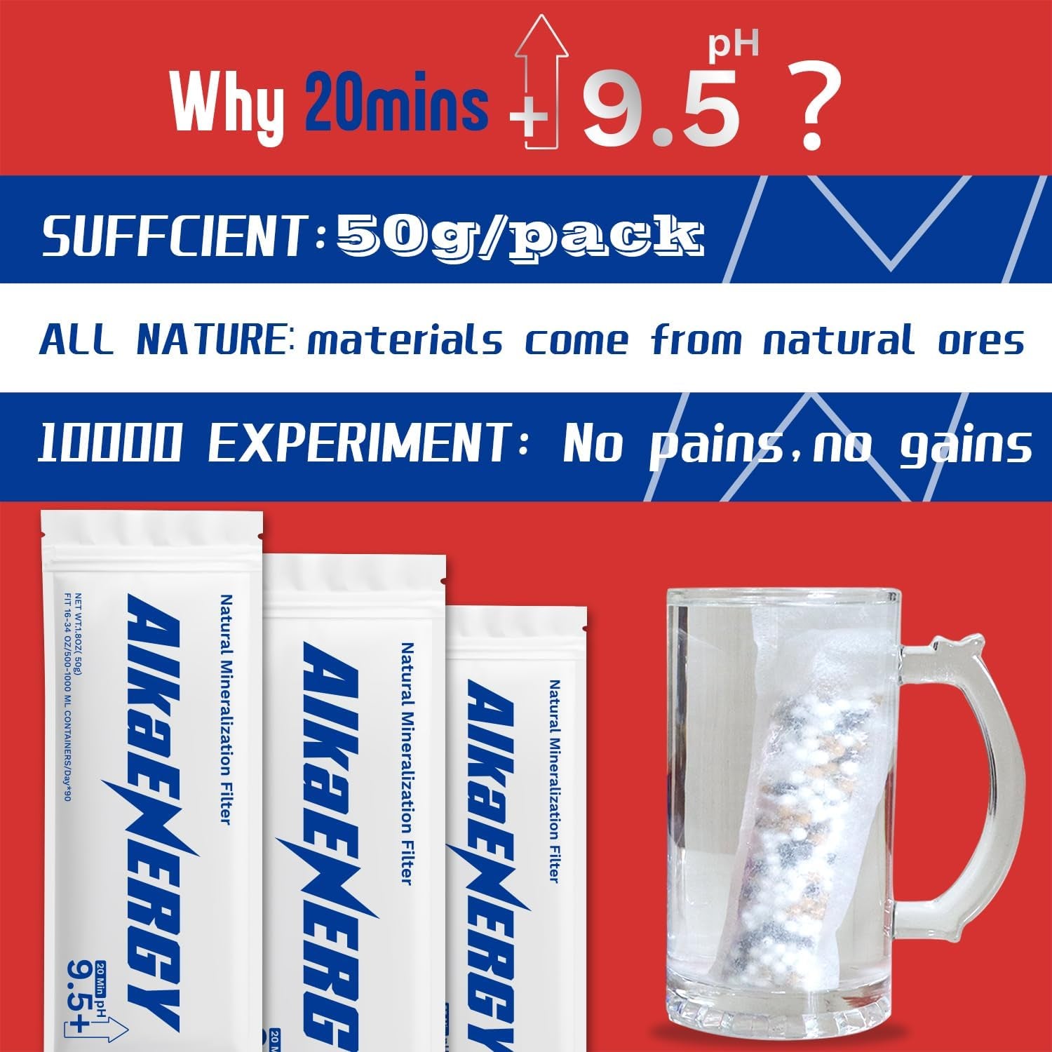 Alkaenergy 3-Pack Alkaline Water Filter Pouches|Ph 9.5, Boosts Water Ph, Adds Essential Minerals for Hydration & Wellness| for Bottles & Jugs (50G/Pack)