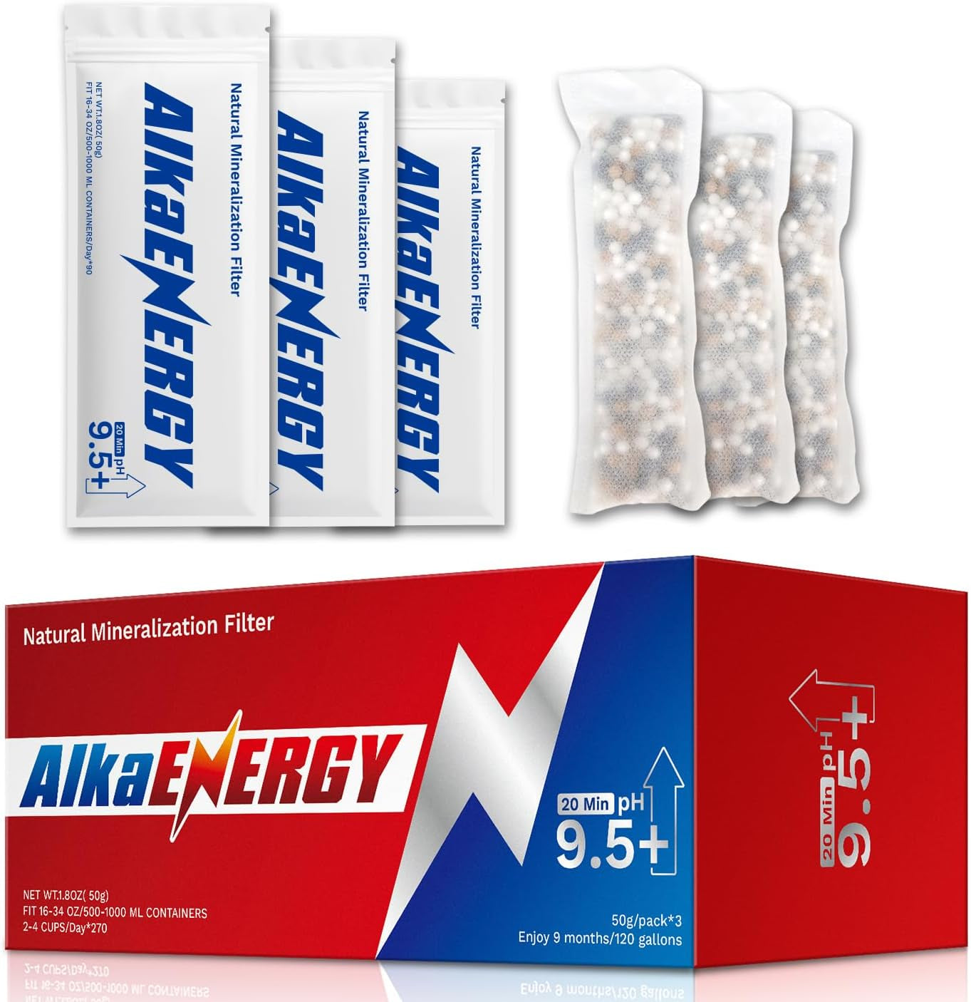 Alkaenergy 3-Pack Alkaline Water Filter Pouches|Ph 9.5, Boosts Water Ph, Adds Essential Minerals for Hydration & Wellness| for Bottles & Jugs (50G/Pack)