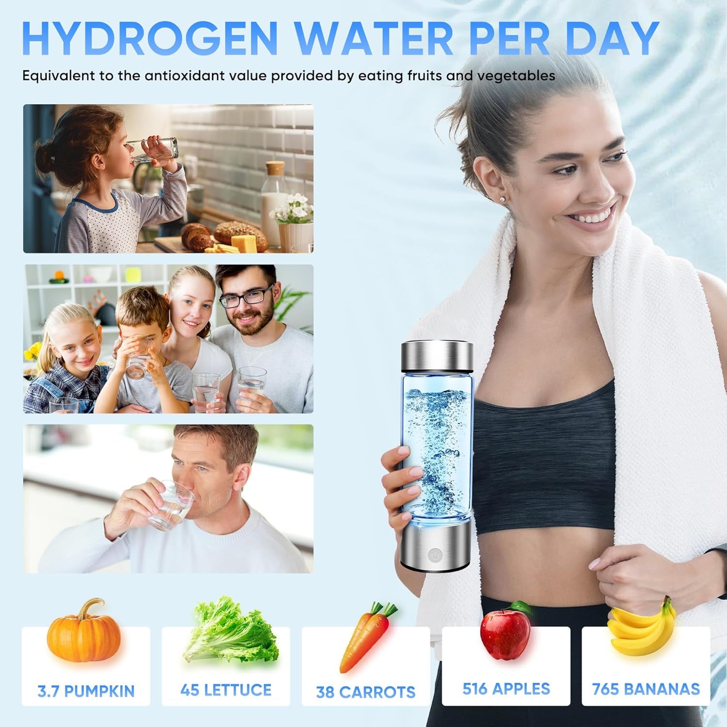 Upgraded Hydrogen Water Bottle, Hydrogen Water Machine -SPE & PEM, Portable Rechargeable Aquahealth Hydrogen Water Bottle Generator, Portable Hydrogen Water Improve Water Quality in 3 Minutes(Silver)
