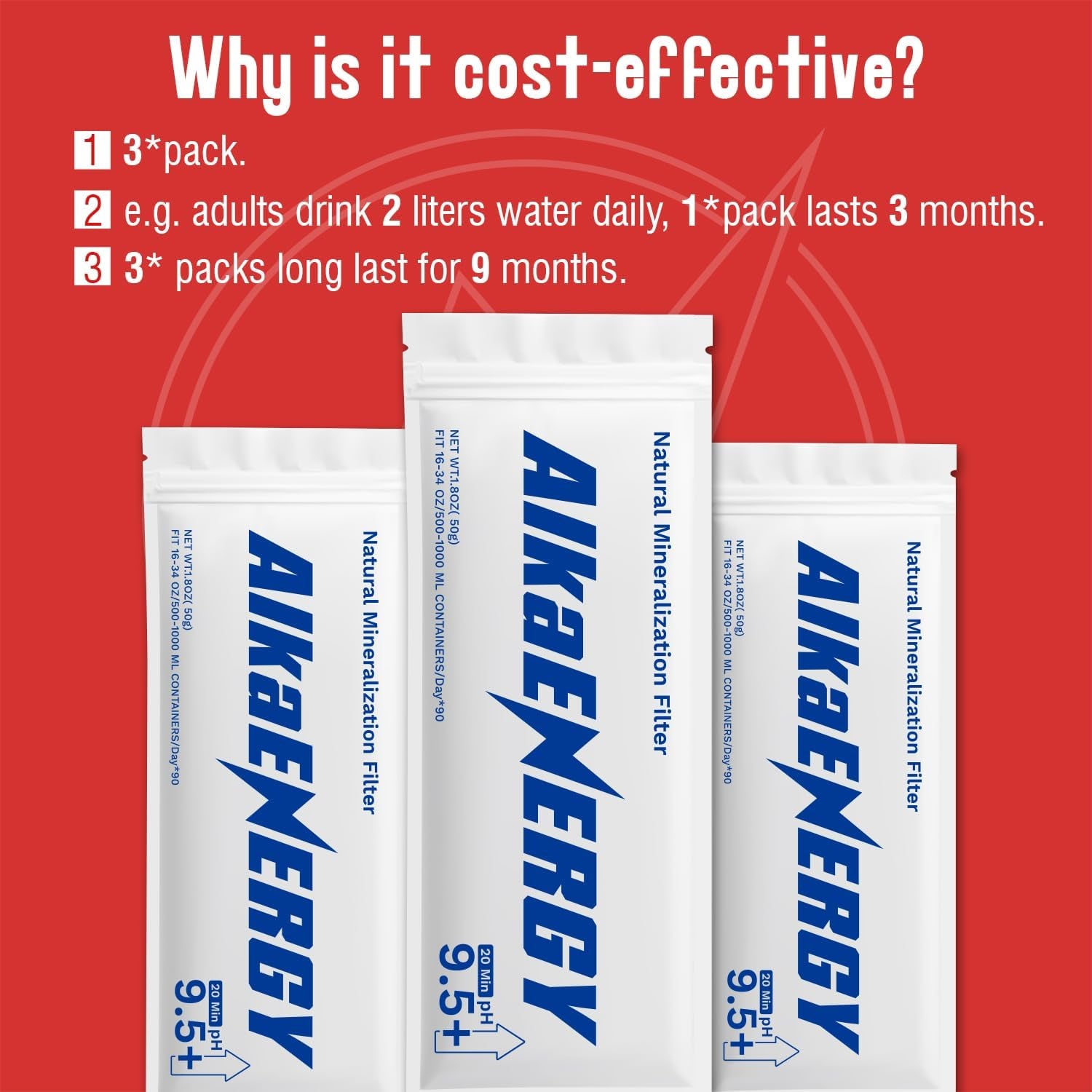 Alkaenergy 3-Pack Alkaline Water Filter Pouches|Ph 9.5, Boosts Water Ph, Adds Essential Minerals for Hydration & Wellness| for Bottles & Jugs (50G/Pack)